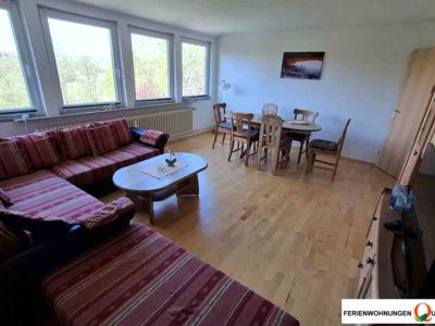 Das großzügige Ecksofa im Wohnraum der Ferienwohnung 5 hat eine Schlaffunktion für 2 Personen und bietet zusammen mit den 3 Schlafzimmern Familien und Gruppen von bis zu 8 Personen Platz.